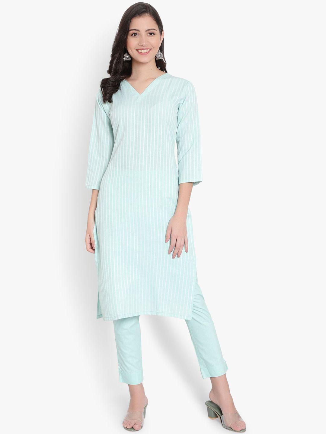 heemara women sea green striped pure cotton kurta with trousers