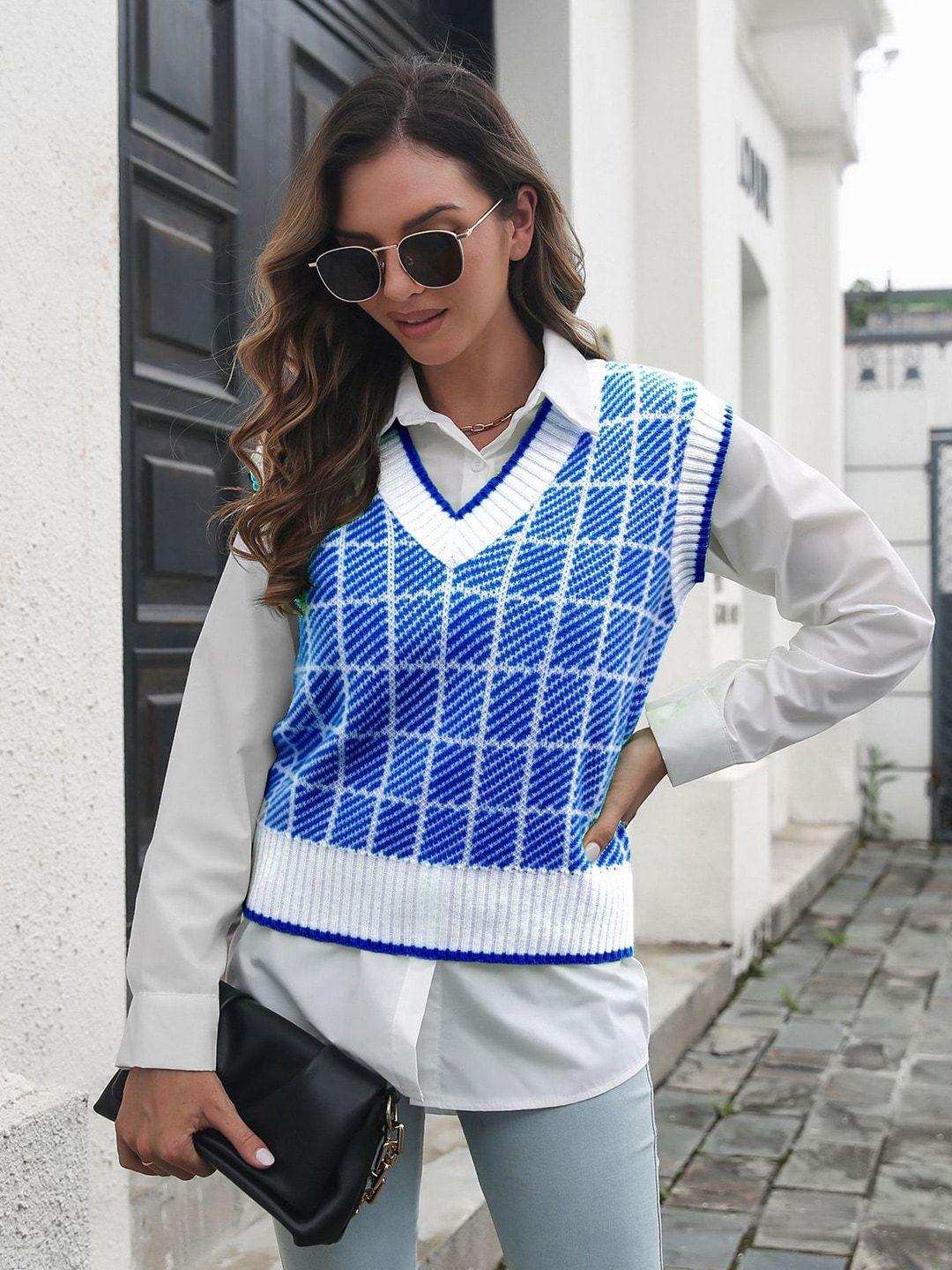 stylecast women blue & white checked sweater