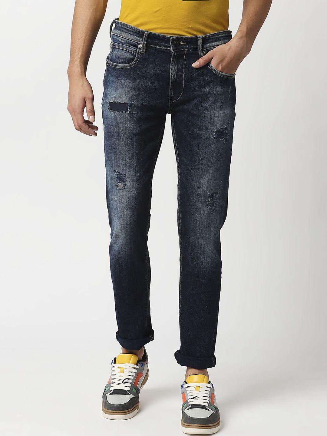 pepe jeans men blue cotton tapered low-rise mildly distressed heavy fade stretchable jeans