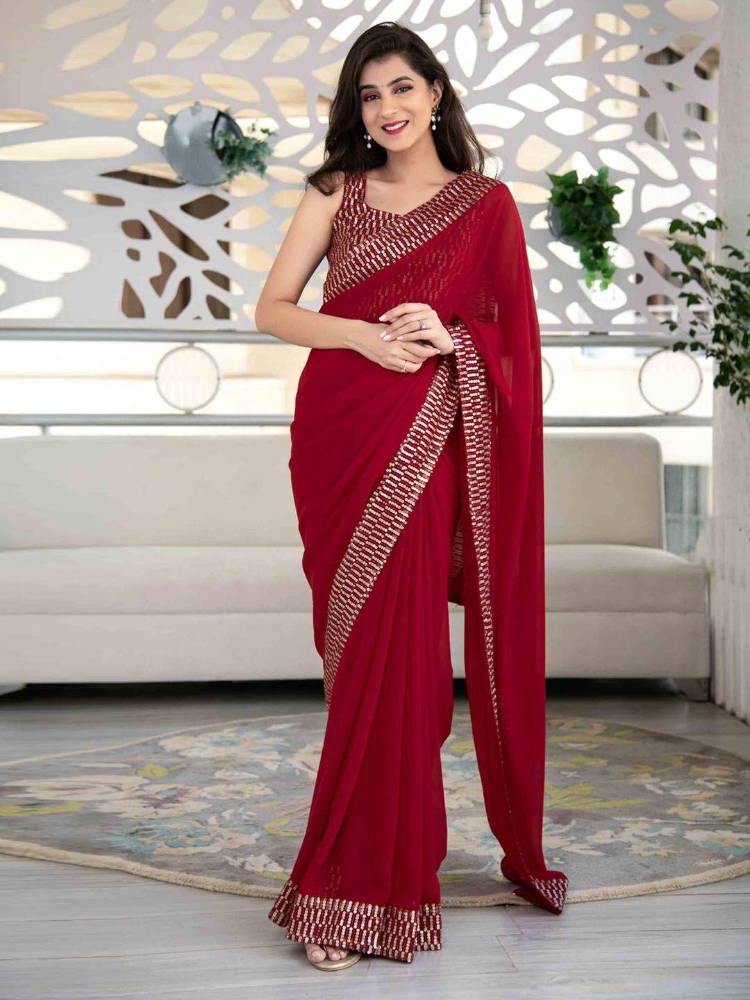 fashionuma red solid pure georgette saree