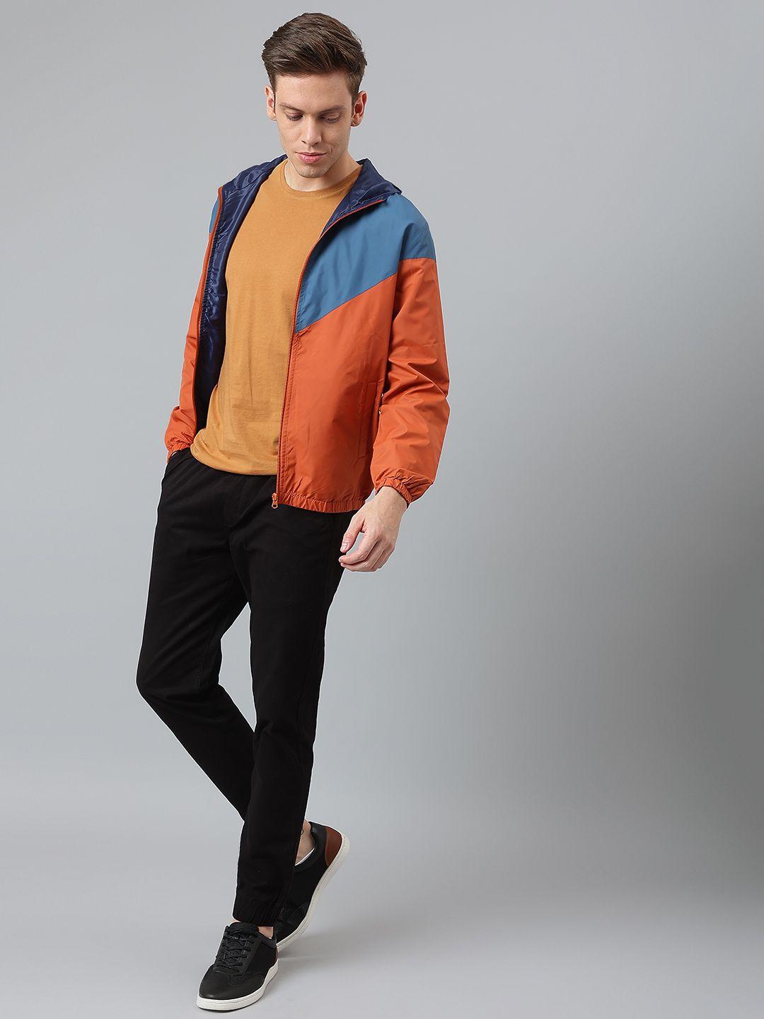 dennis lingo men rust blue colourblocked outdoor  hooded sporty jacket