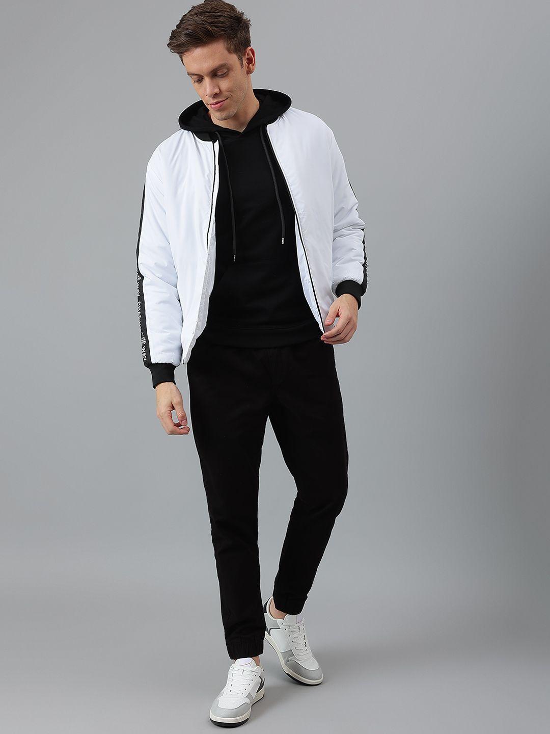 dennis lingo men white black colourblocked longline outdoor bomber jacket