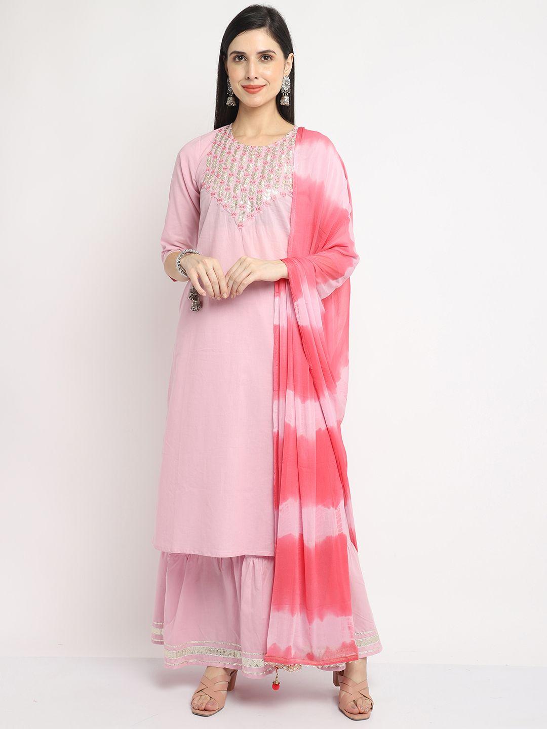 rajnandini women pink pure cotton embroidered kurta with sharara & dupatta