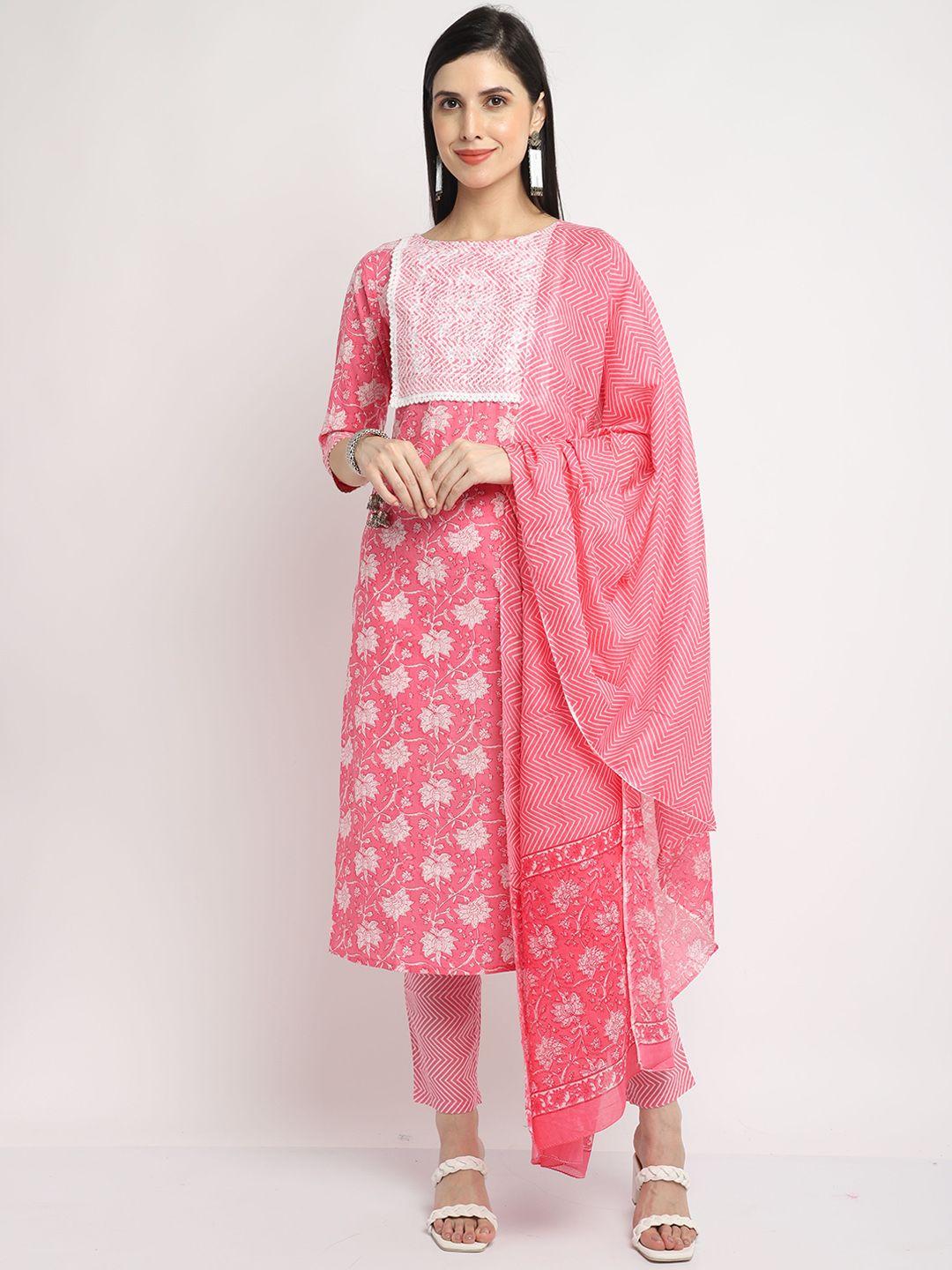 rajnandini women pink floral printed pure cotton kurta with trousers & with dupatta