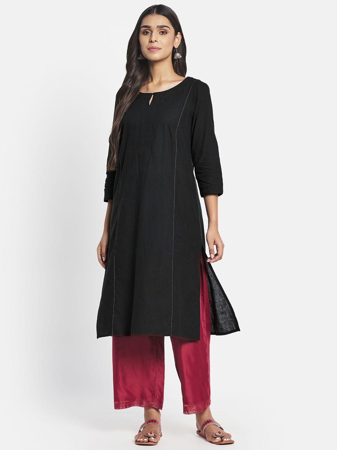 fabindia women black pure cotton solid keyhole neck kurta