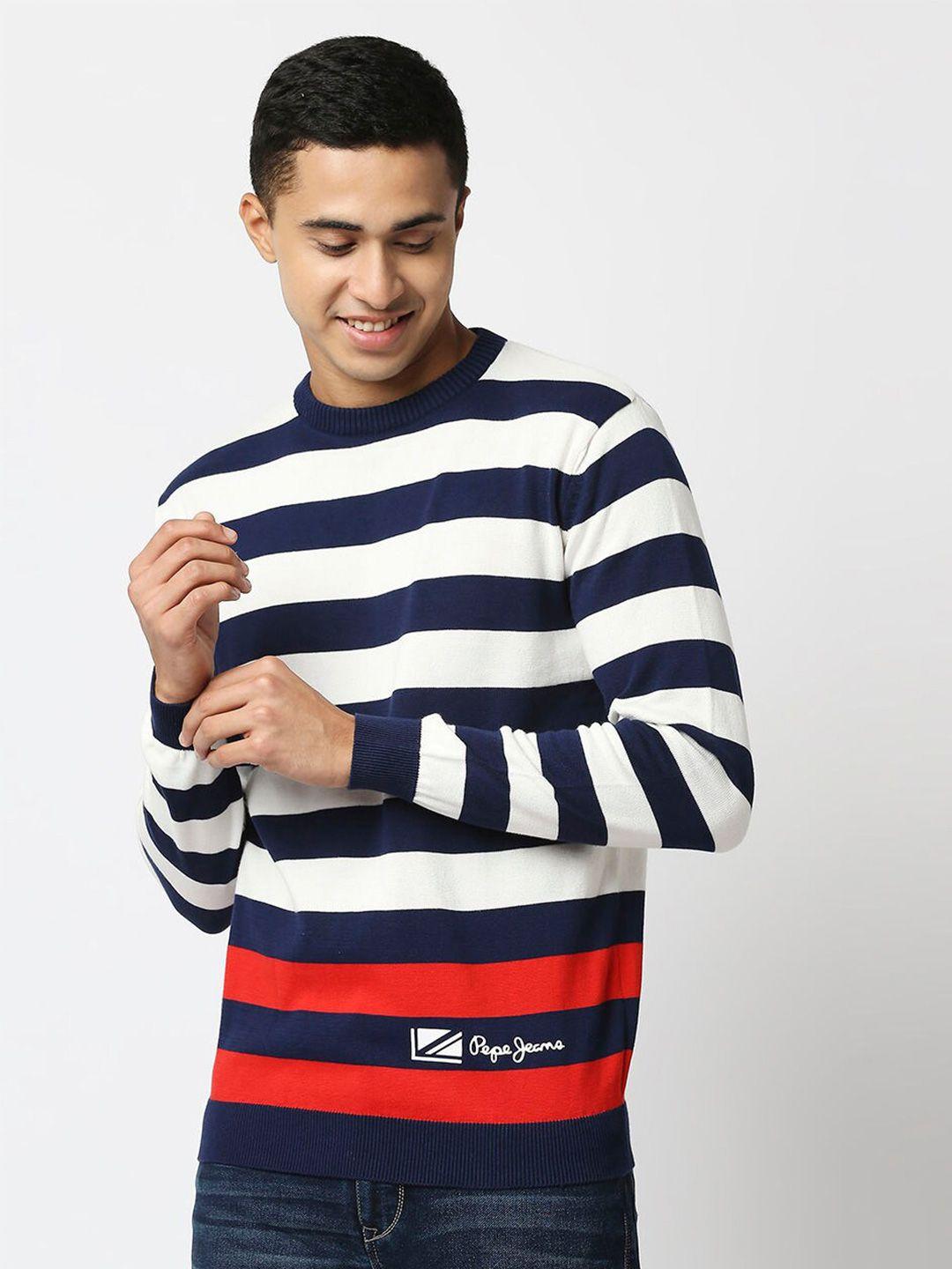 pepe jeans men navy blue & white striped pullover sweater