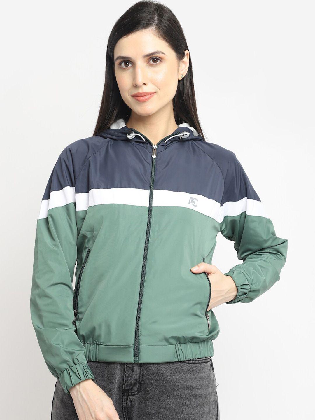 anti culture women green navy blue colourblocked windcheater and water resistant outdoor sporty jacket