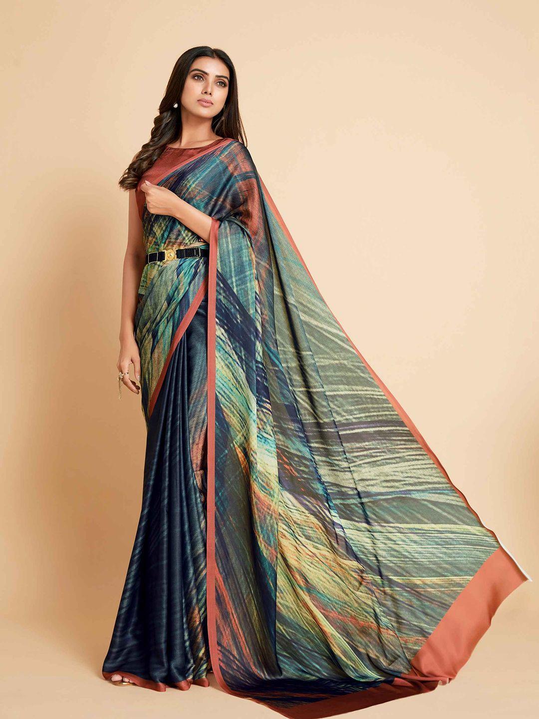 sangria green & blue striped satin saree