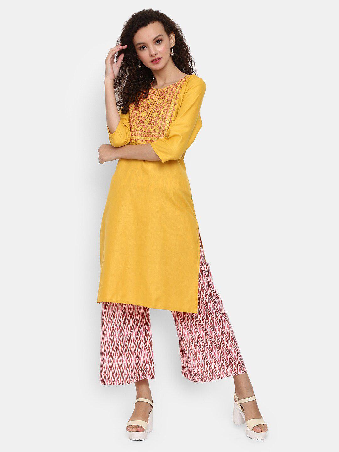 desi mix women mustard yellow thread work kurta