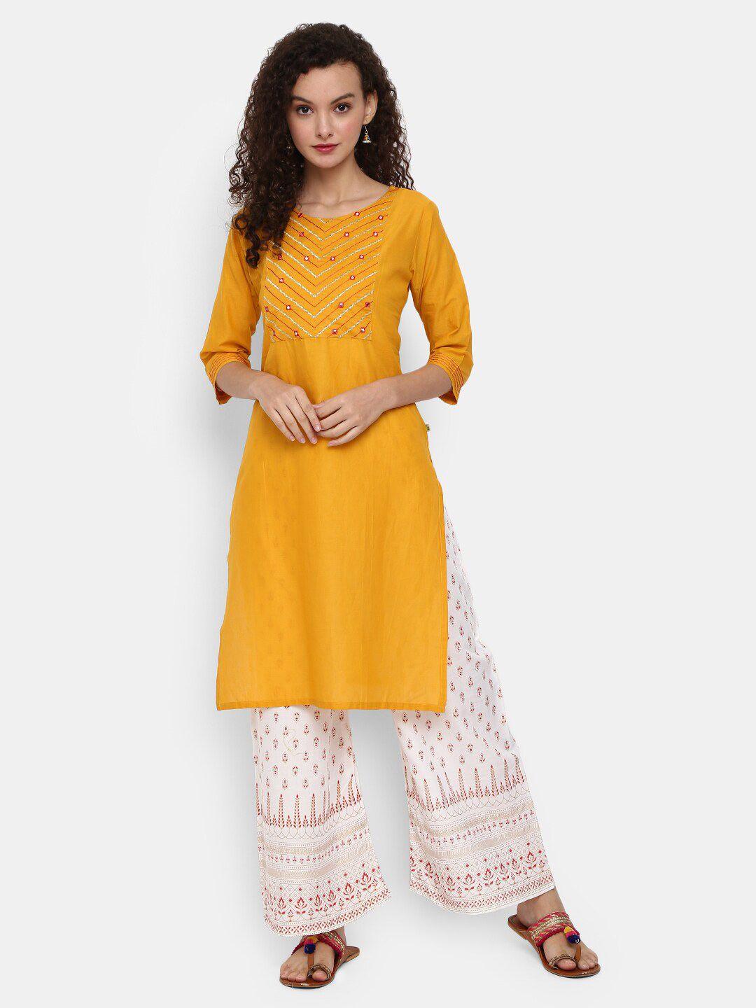 desi mix women mustard yellow embroidered mirror work kurta