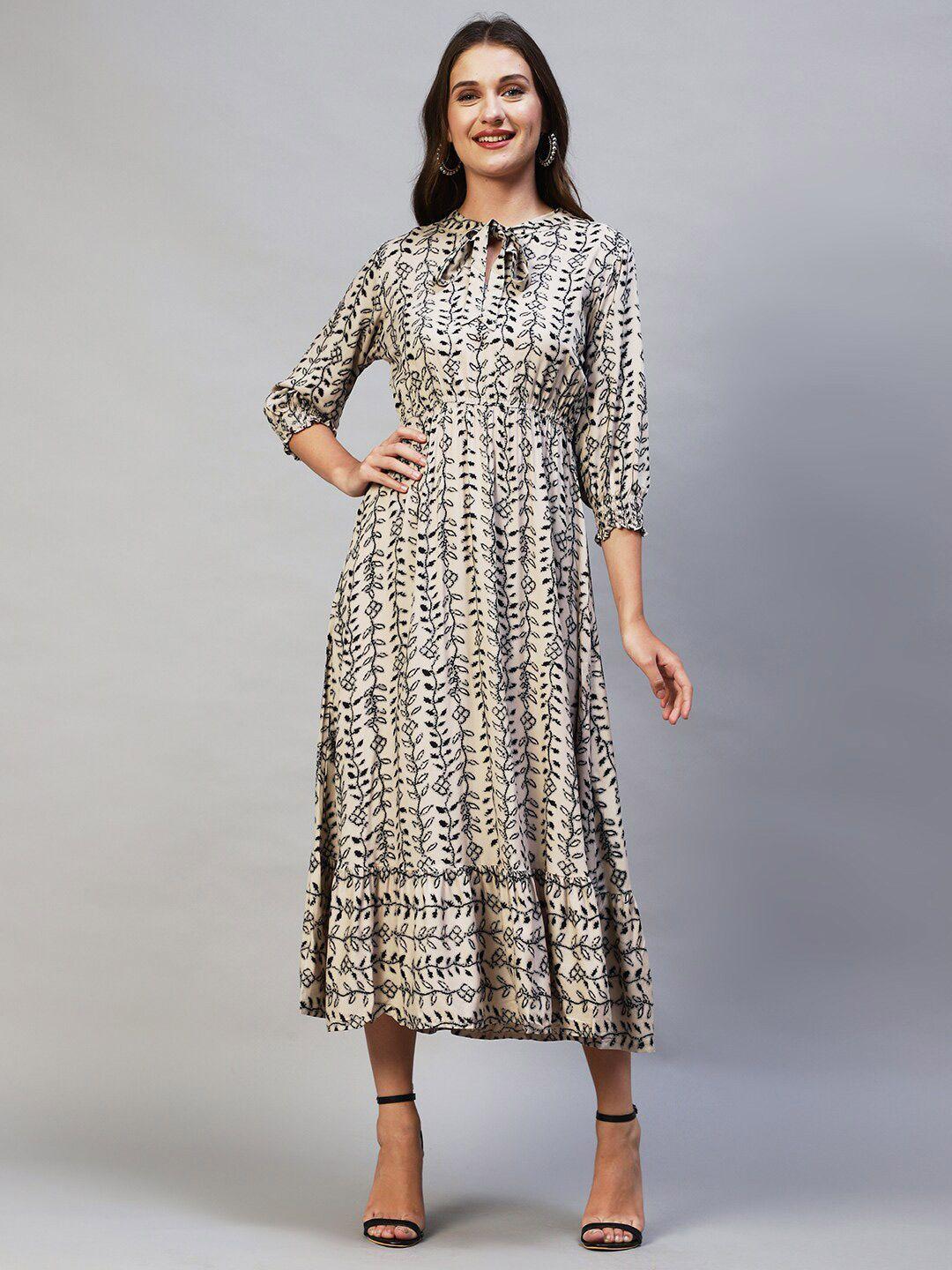 fashor beige ethnic motifs tie-up neck a-line midi dress