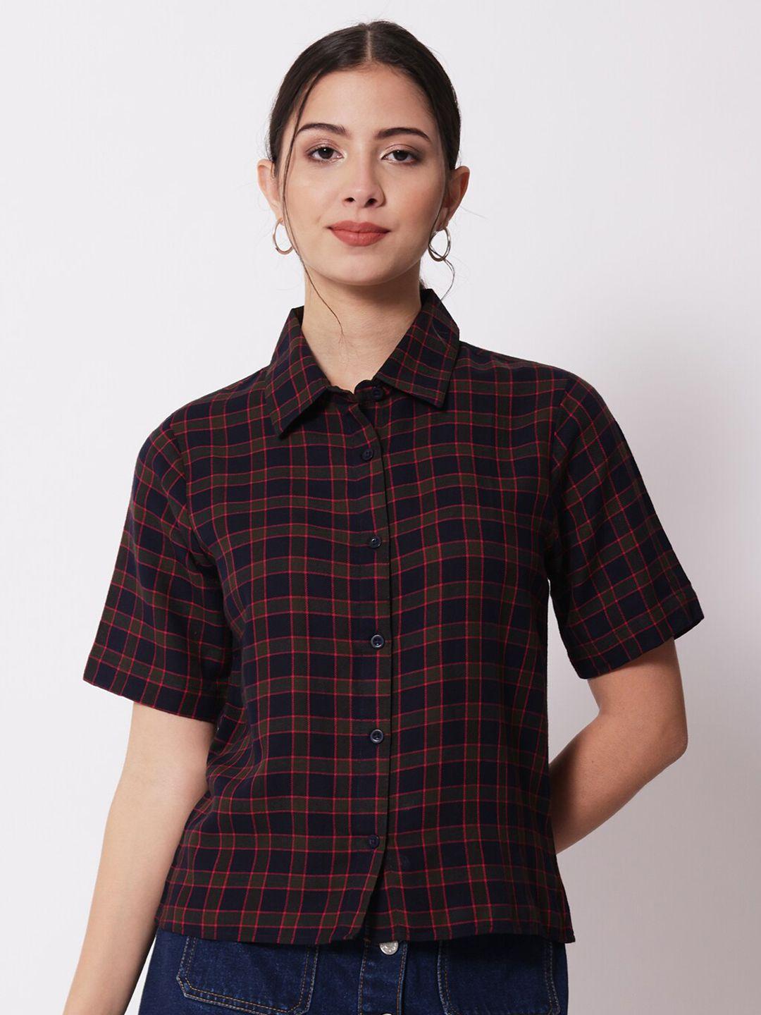 charmgal women blue tartan checks checked casual shirt