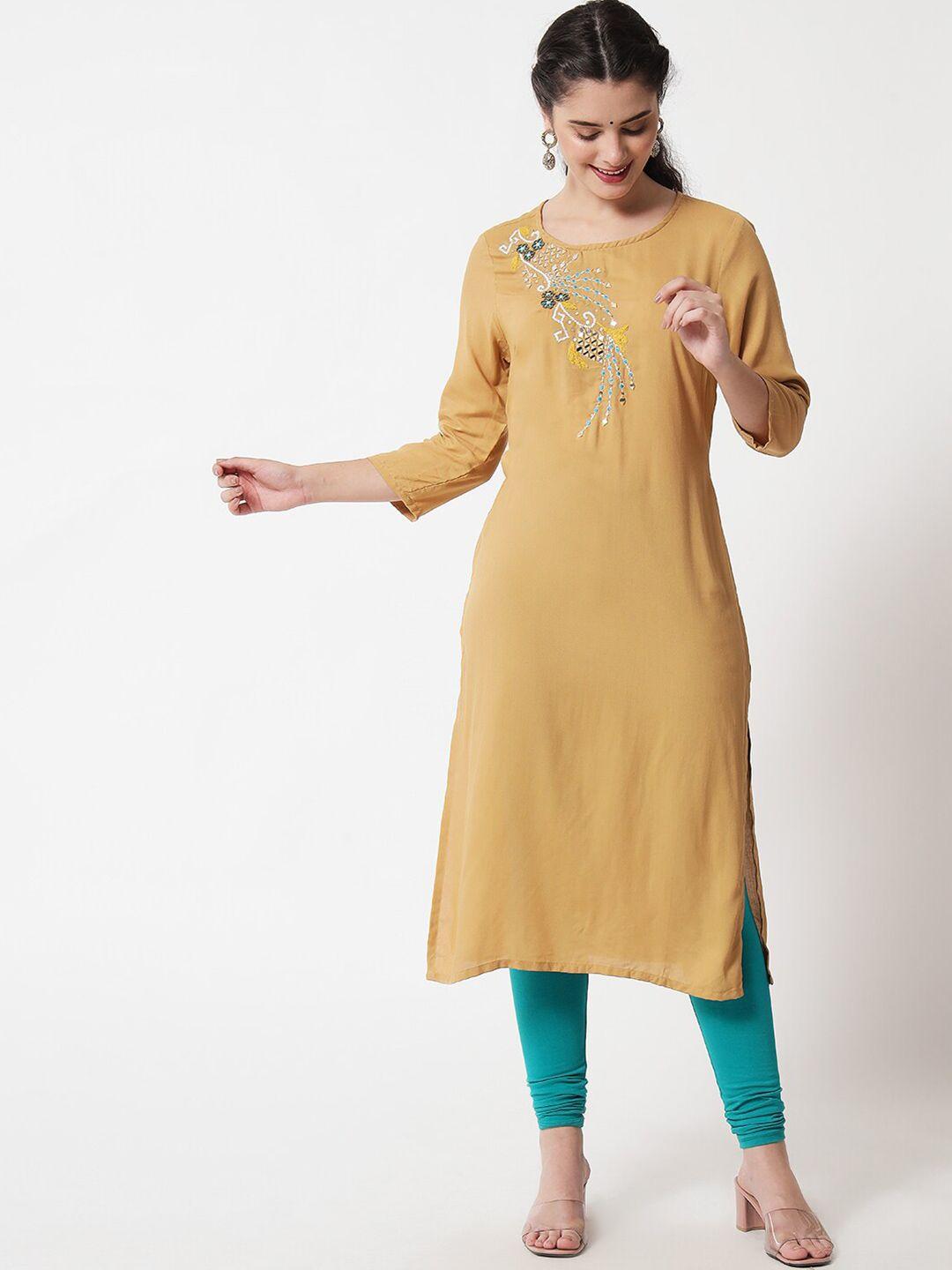 soan women mustard yellow & blue floral embroidered kurta