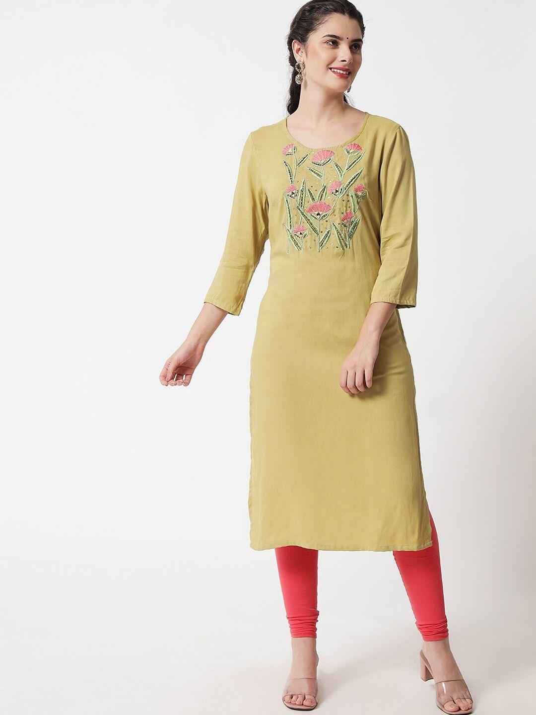 soan women green & pink floral embroidered floral kurta