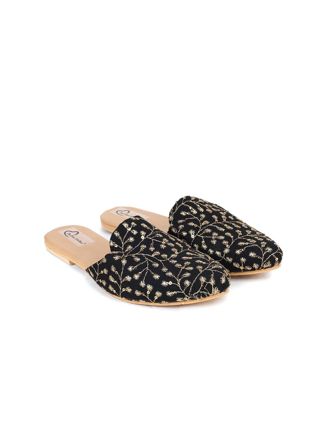 the desi dulhan women black embroidered ethnic mules flats