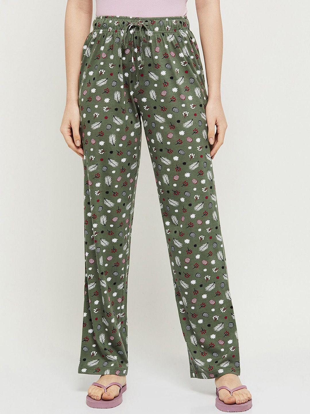 max women olive green printed cotton lounge pants