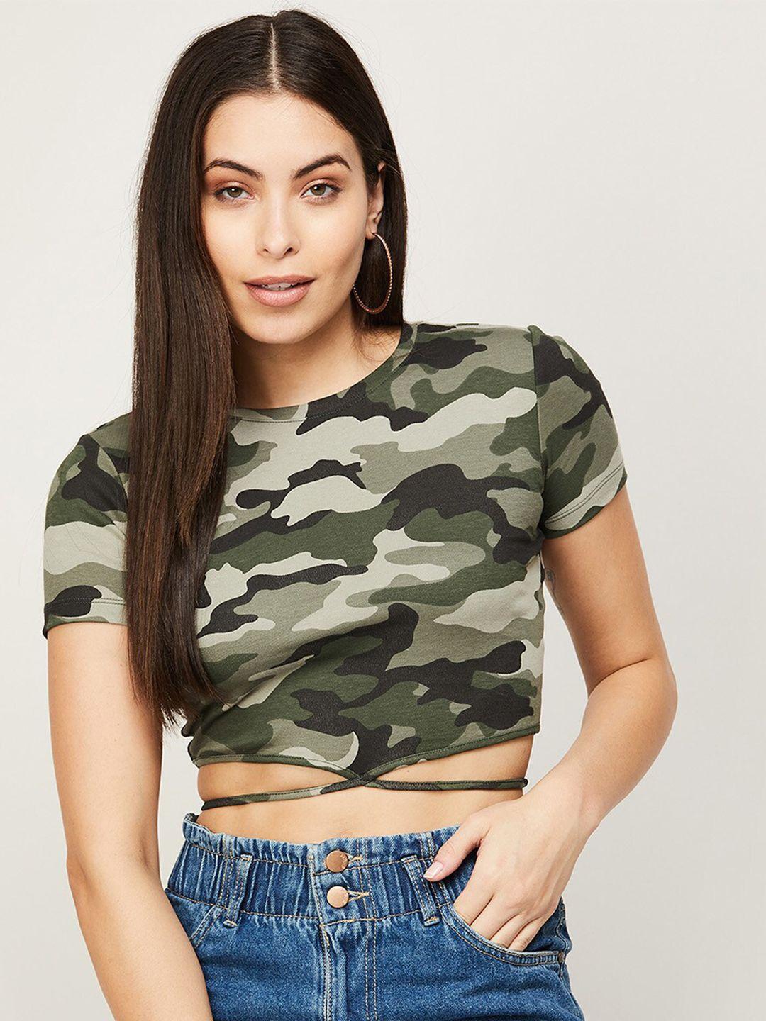 ginger by lifestyle olive green & black print crop top