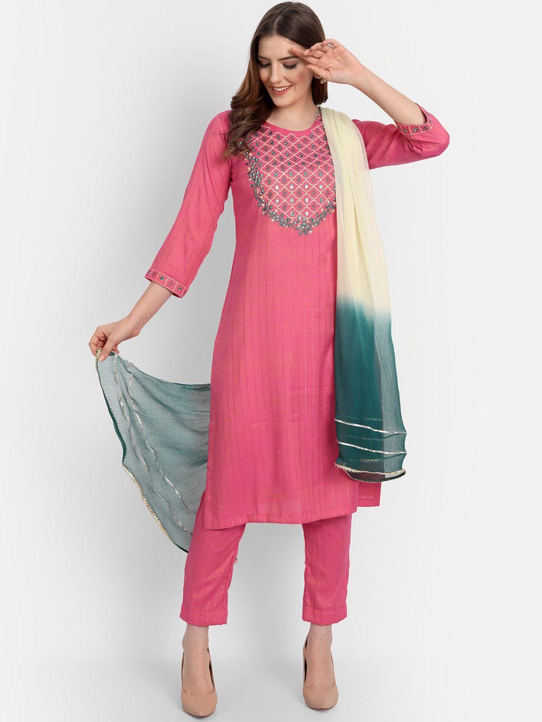 shereen women red yoke design kurta with trousers & with dupatta