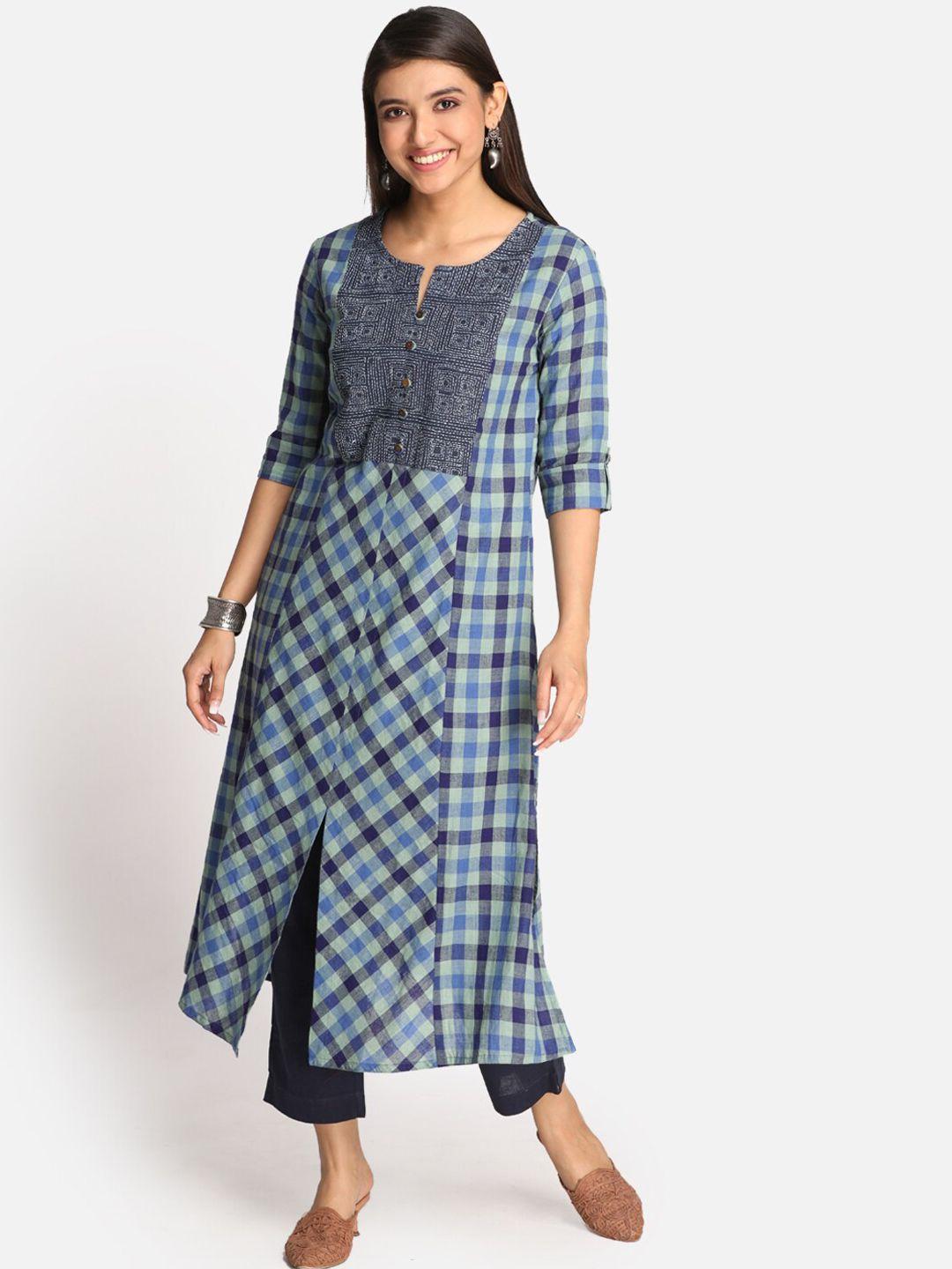 earthwear women blue & black checked thread work khadi handloom kurta