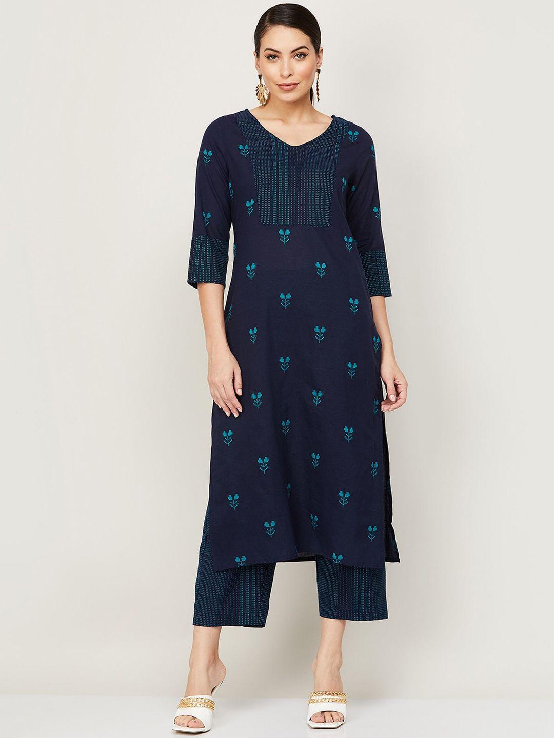 melange by lifestyle women blue embroidered regular pure cotton kurti with trousers