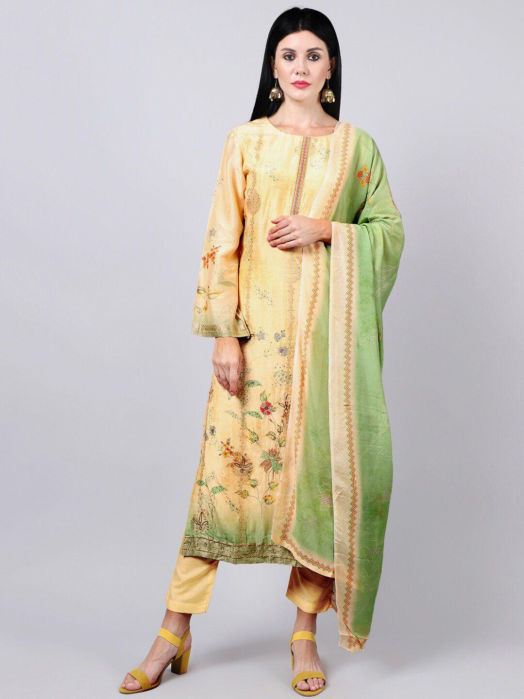 stylee lifestyle women beige & green printed pure silk unstitched dress material