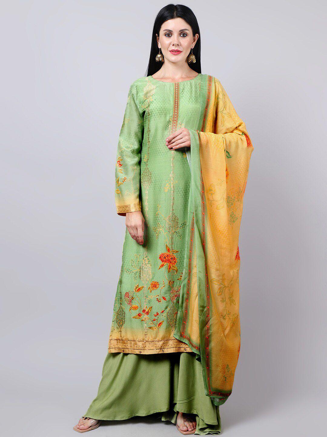 stylee lifestyle women green & orange embroidered pure silk unstitched dress material