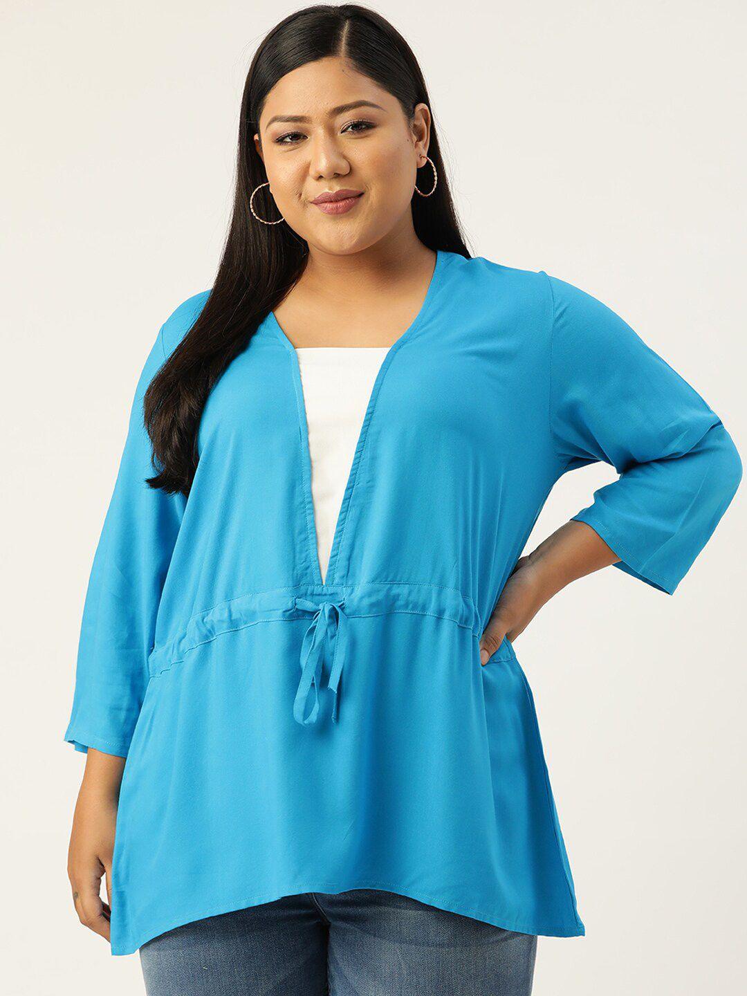 therebelinme plus size teal & white solid waist tie-ups regular top