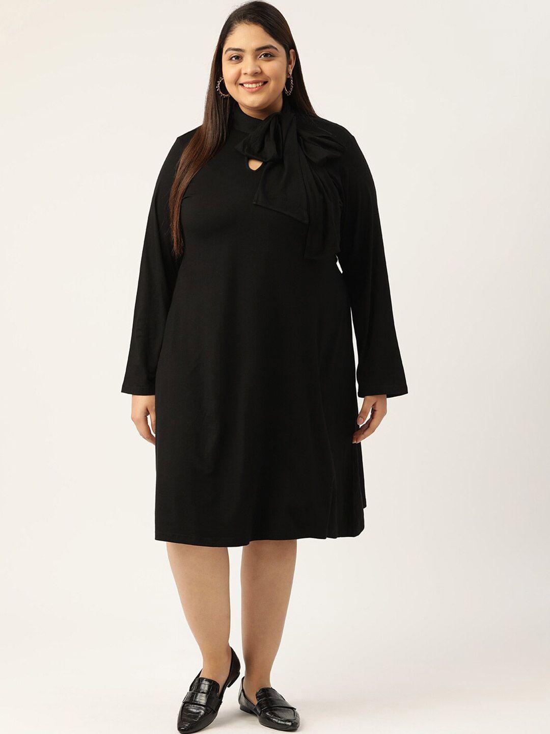 therebelinme women black plus size tie-up neck a-line dress