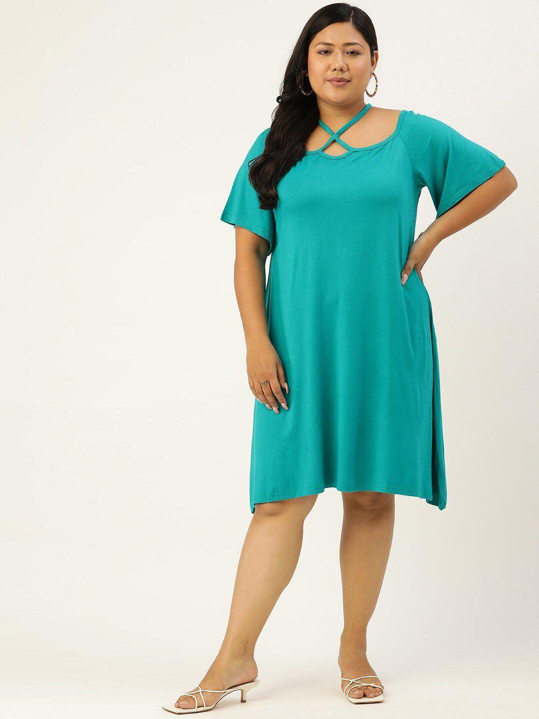 therebelinme plus size women turquoise blue solid a-line dress