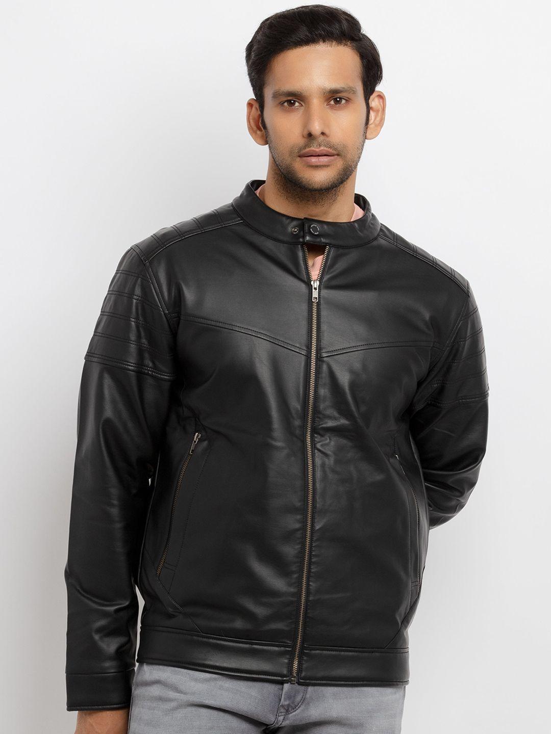 status quo men black solid long sleeves biker jacket