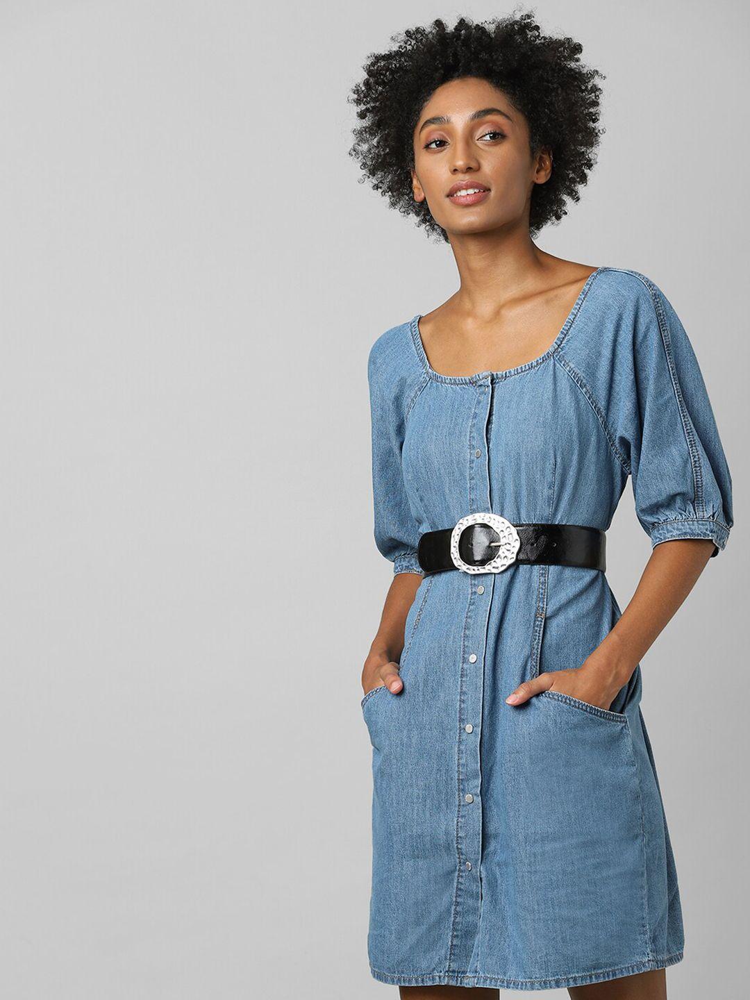 only blue denim button down a line dress