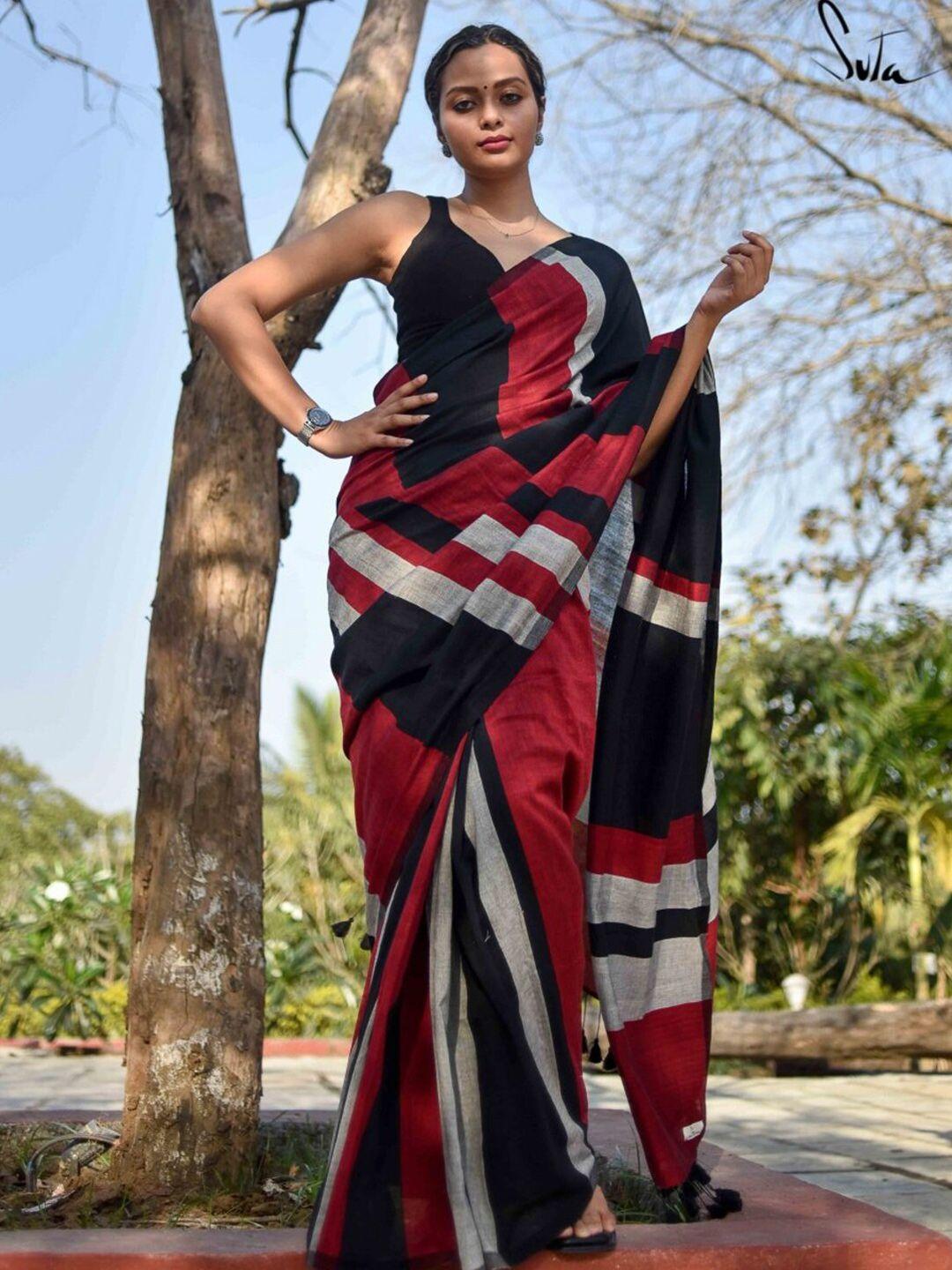 suta red & black colourblocked pure cotton saree