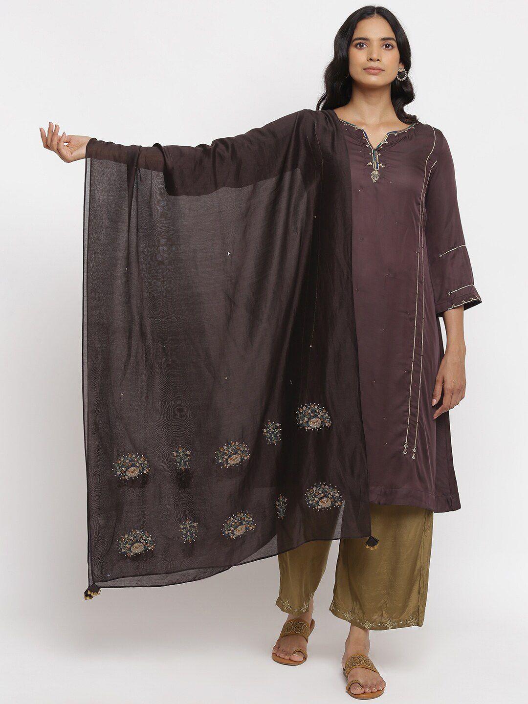 w the folksong collection women brown embroidered with sequinned dupatta