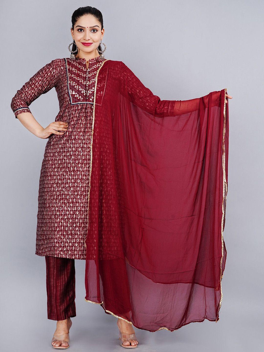 etnicawear women red printed aari work pure cotton kurta with palazzos & with dupatta