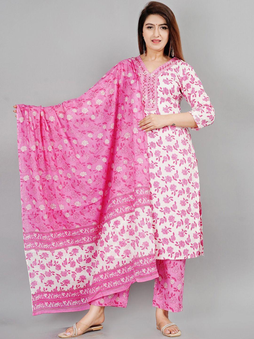 etnicawear women pink floral printed pure cotton kurta with palazzos & with dupatta