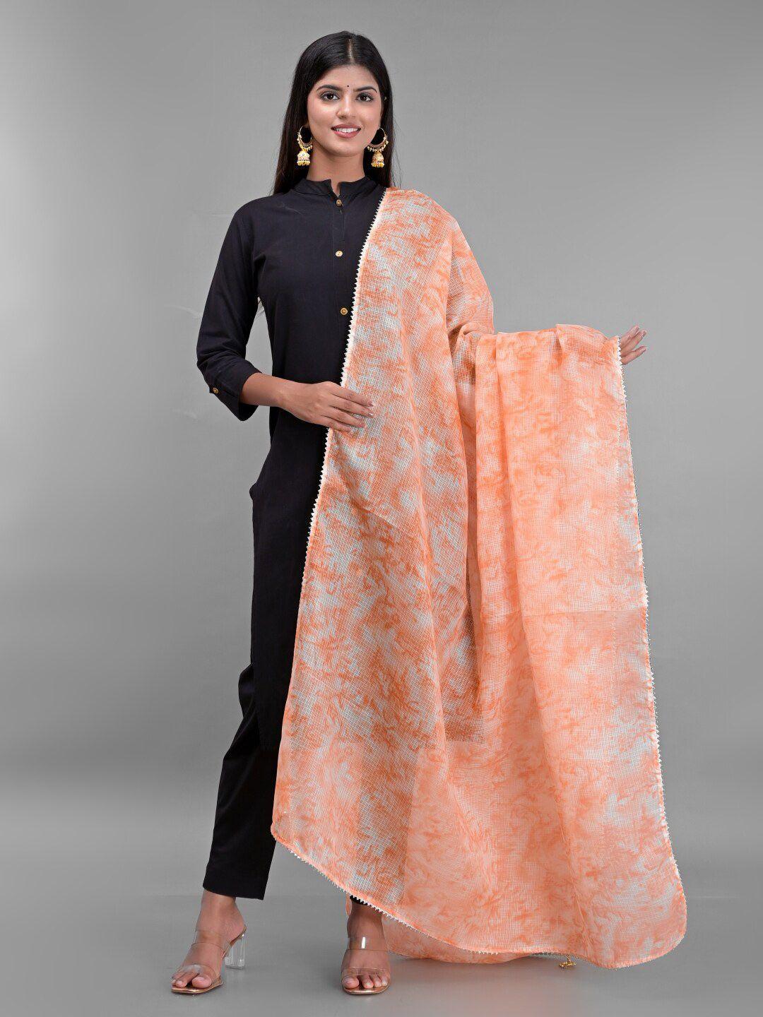 apratim women peach & white printed cotton dupatta