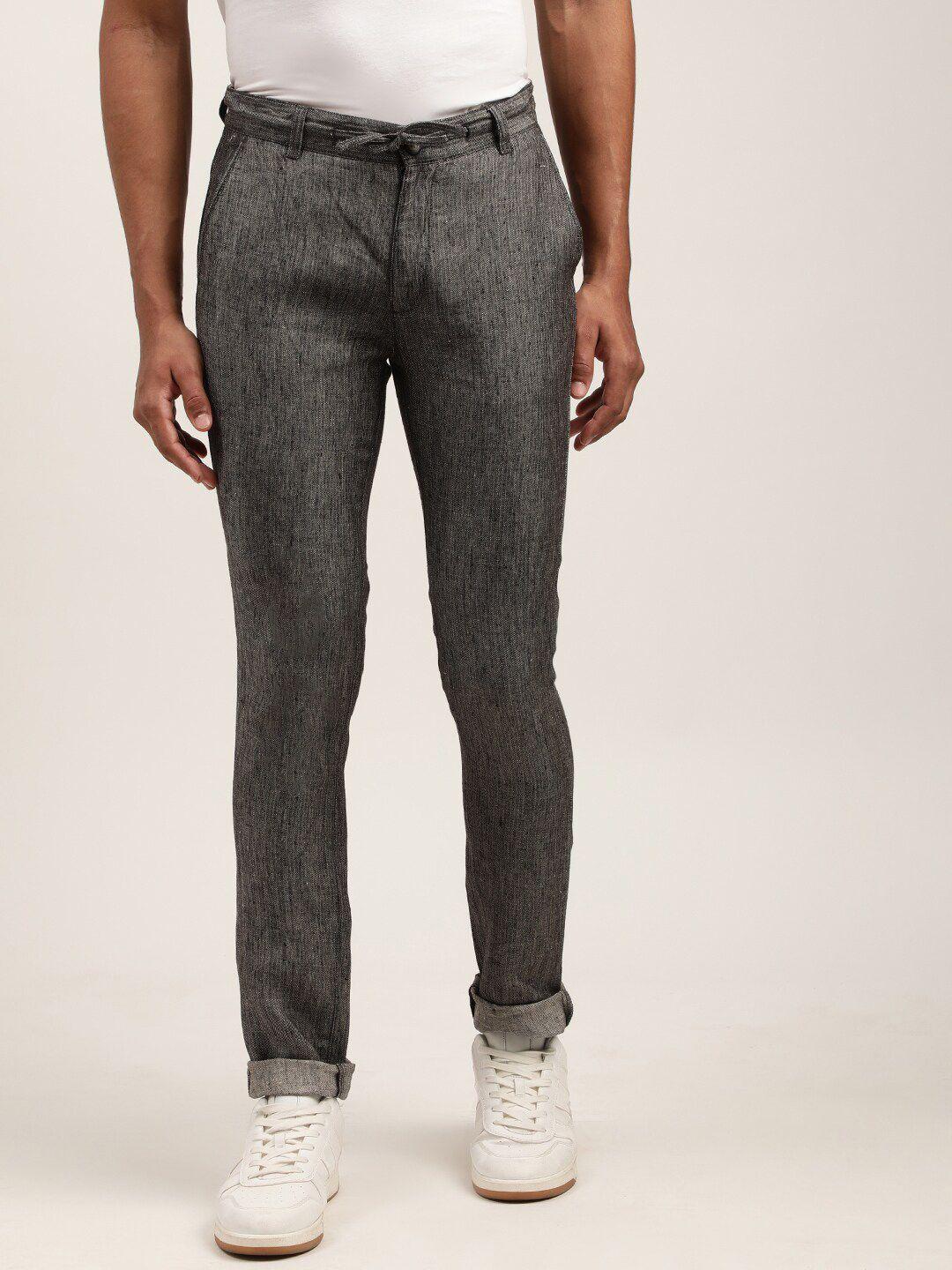 harsam men charcoal textured linen trousers