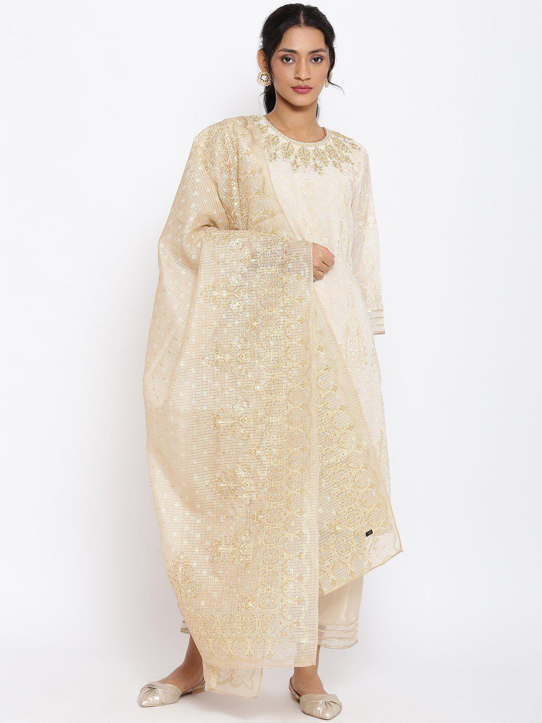 wishful women beige ethnic motifs embroidered kurta with trousers & with dupatta