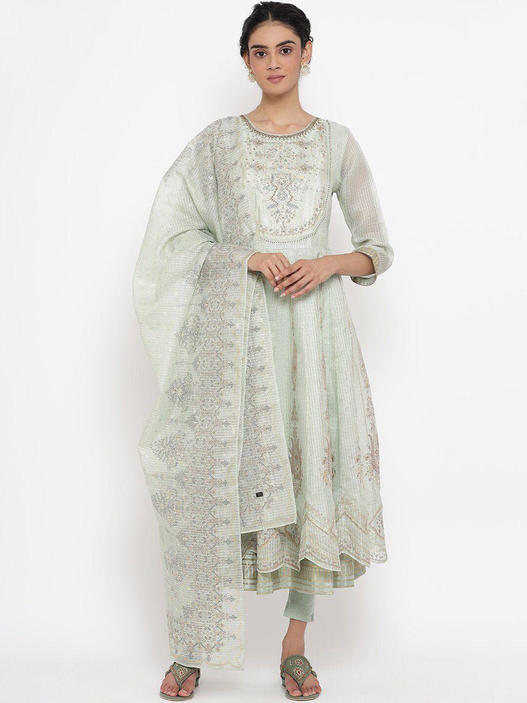 wishful women green ethnic motifs printed sequinned kurta with trousers & with dupatta