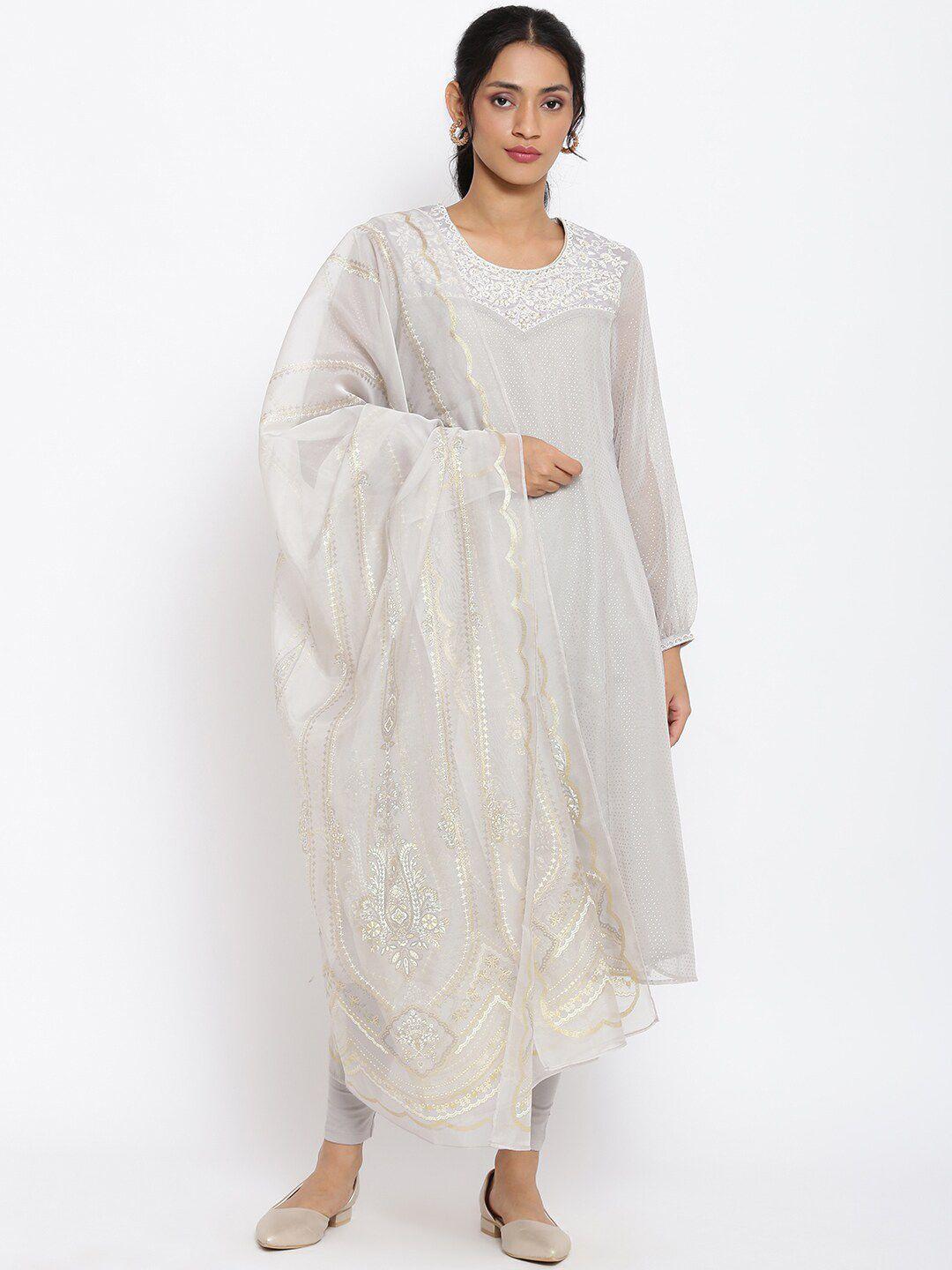 wishful women grey floral embroidered thread work kurta with dupatta and legging