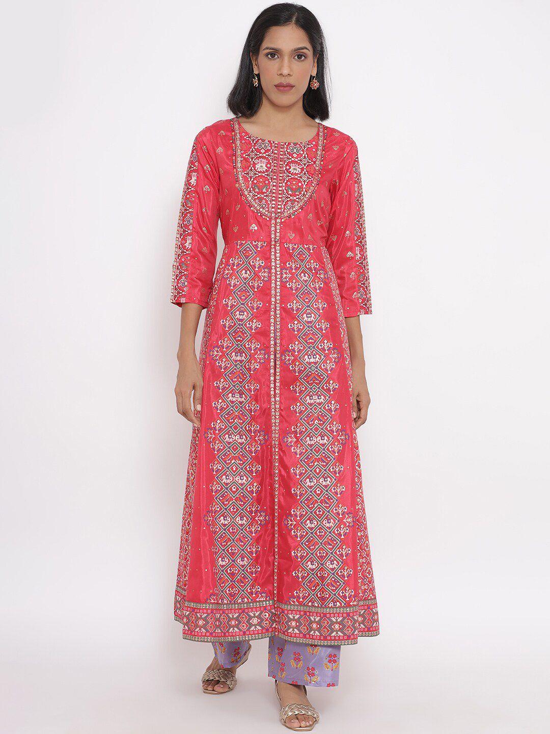 w women red floral printed empire kurta with palazzos