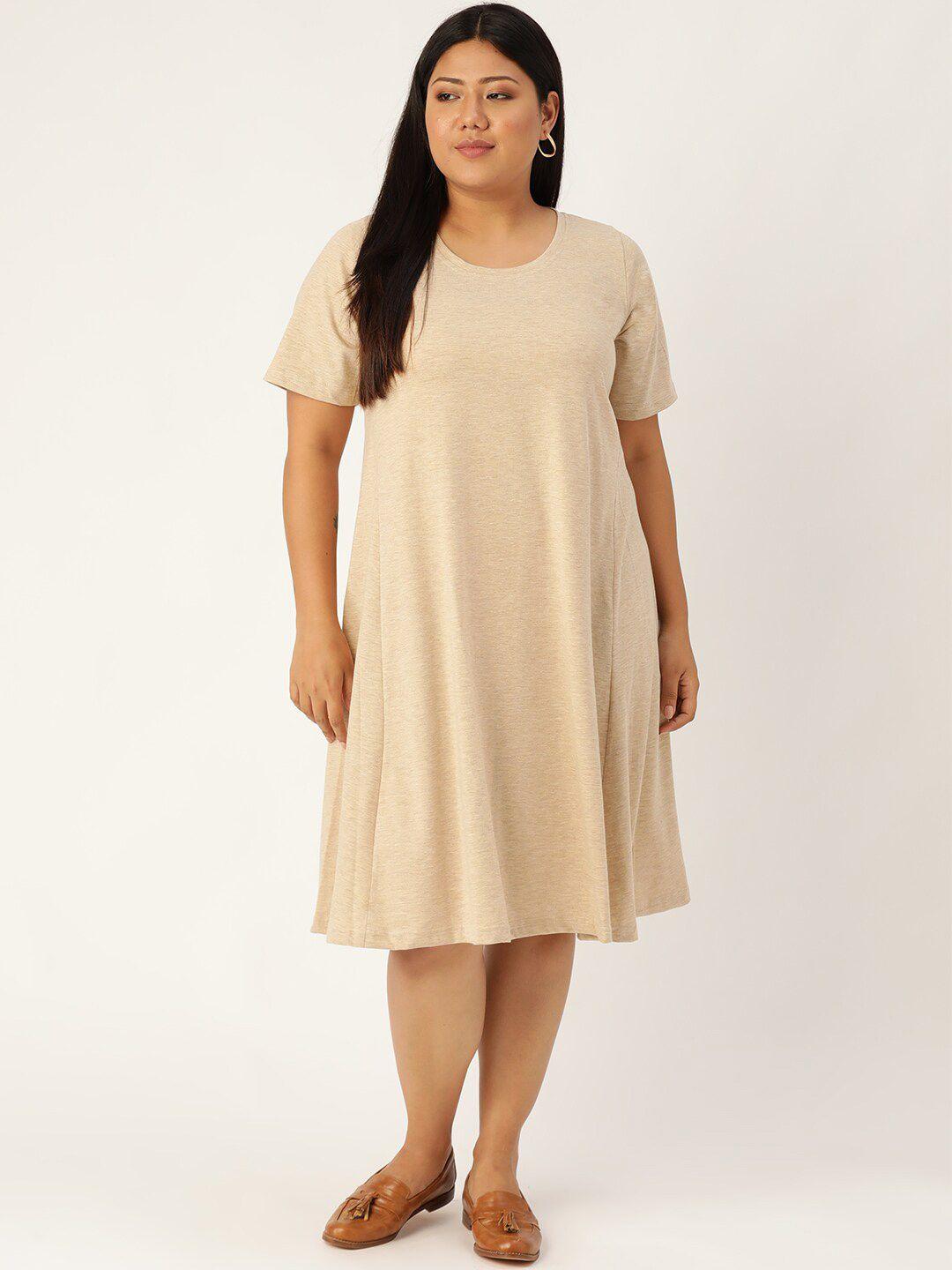 therebelinme plus size women's beige solid a-line dress