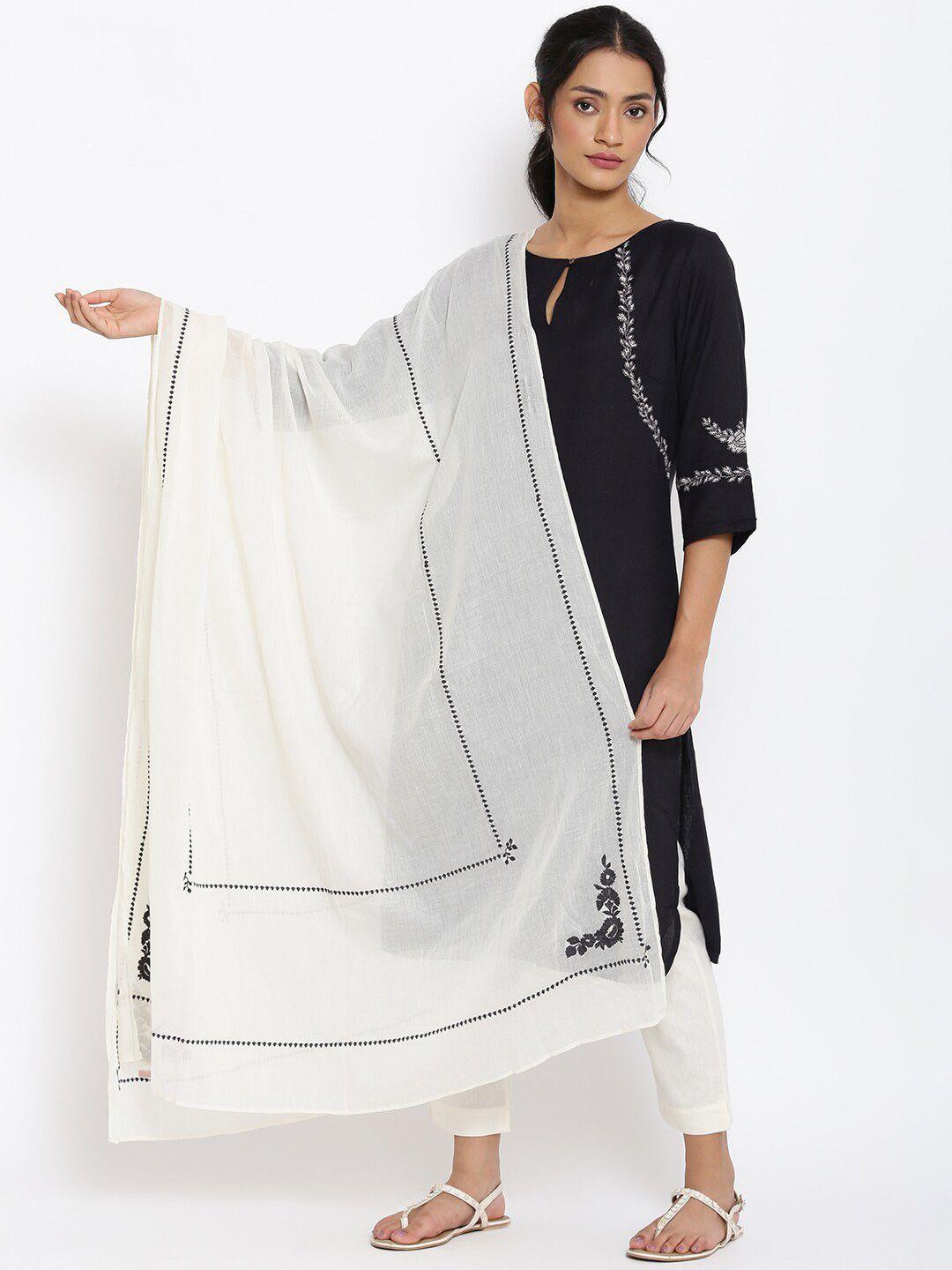 w white women pure cotton ikat dupatta with thread work