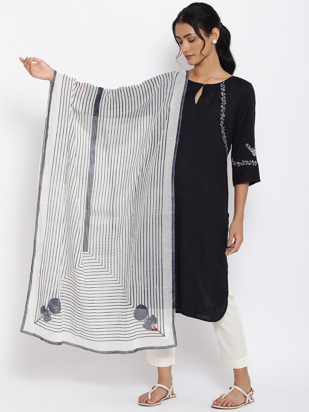 w womens white & grey printed pure cotton dupatta