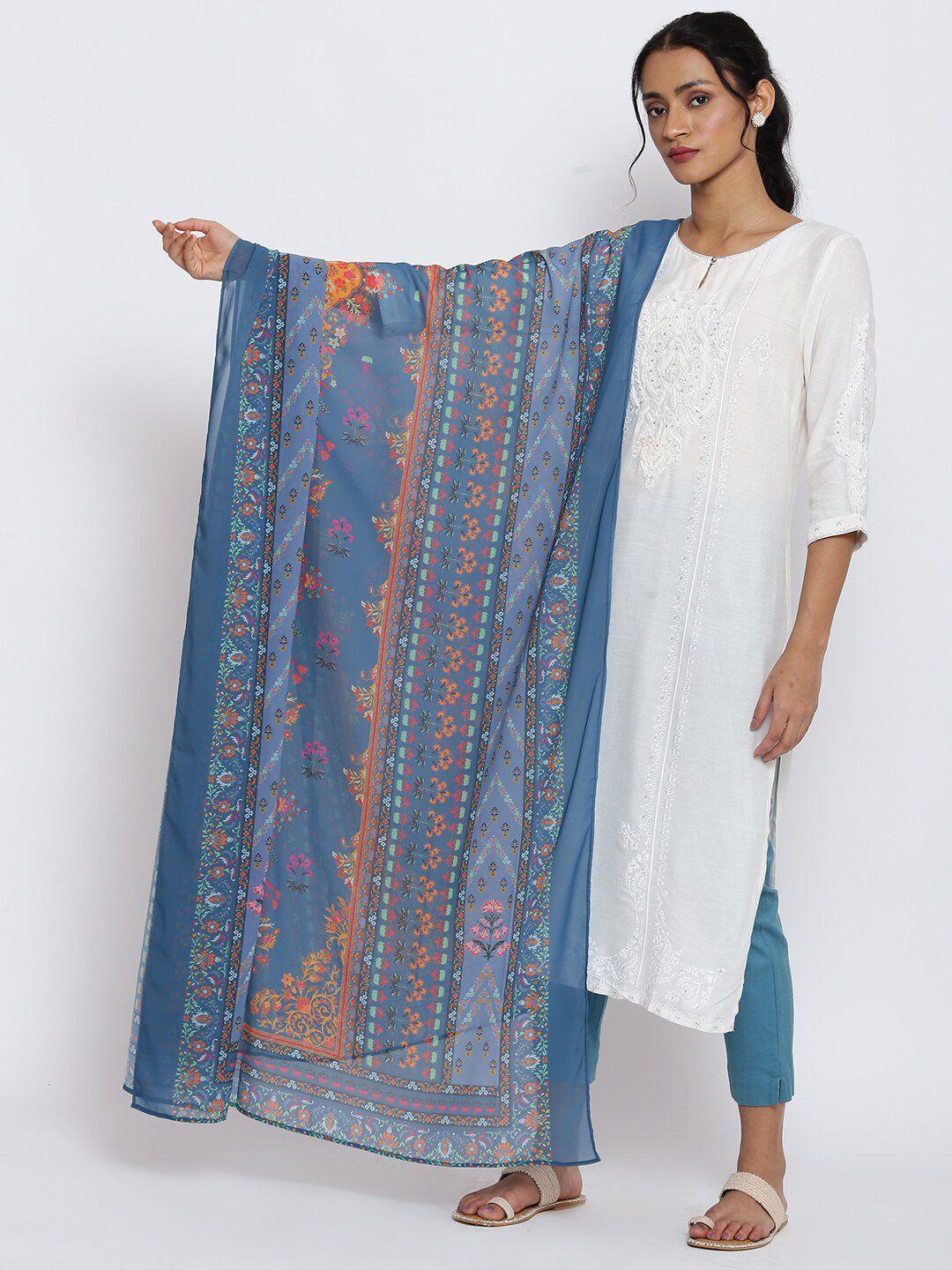 w teal & orange printed dupatta