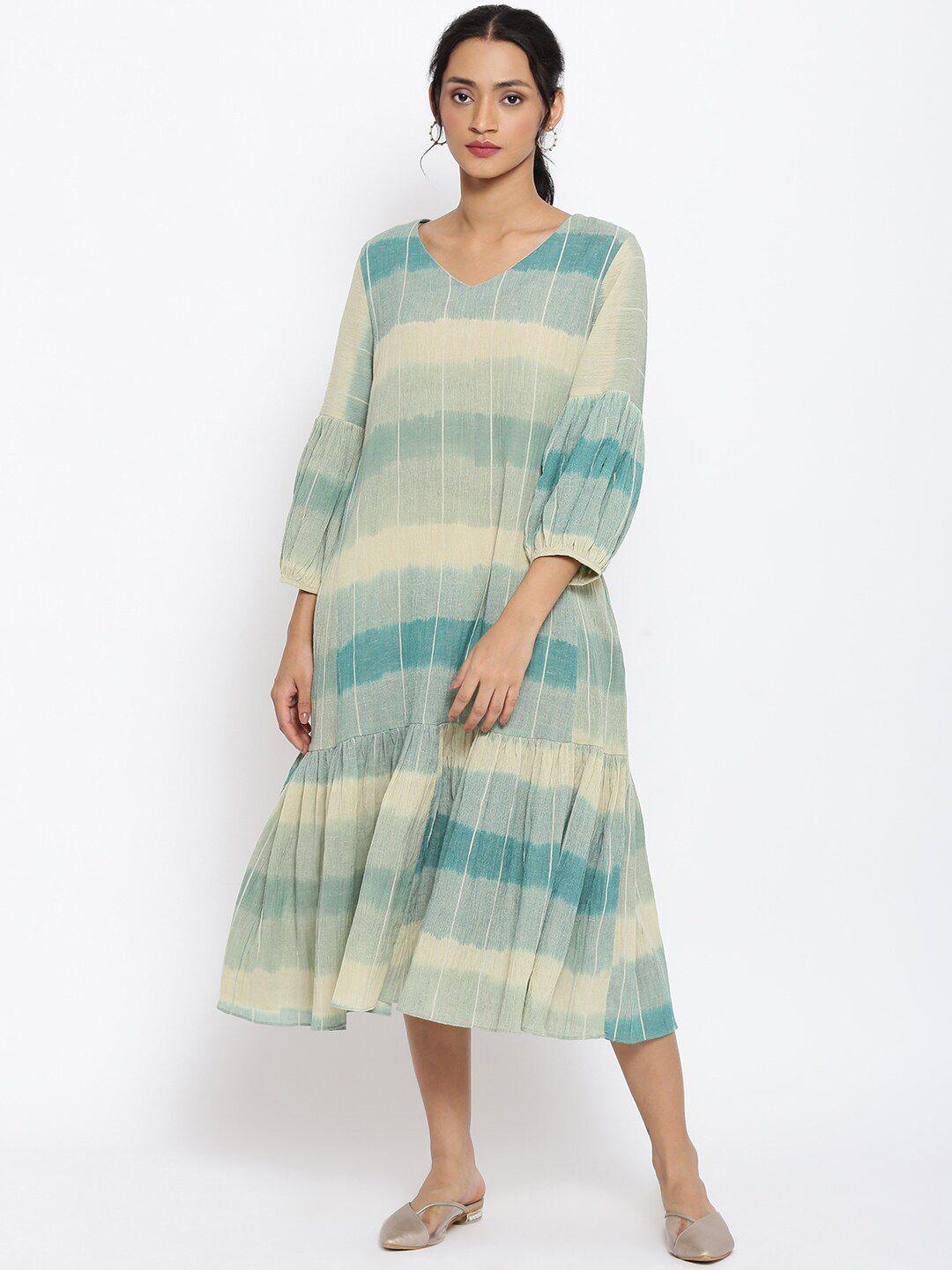 w  womens cream-coloured & blue colourblocked dyed midi dress