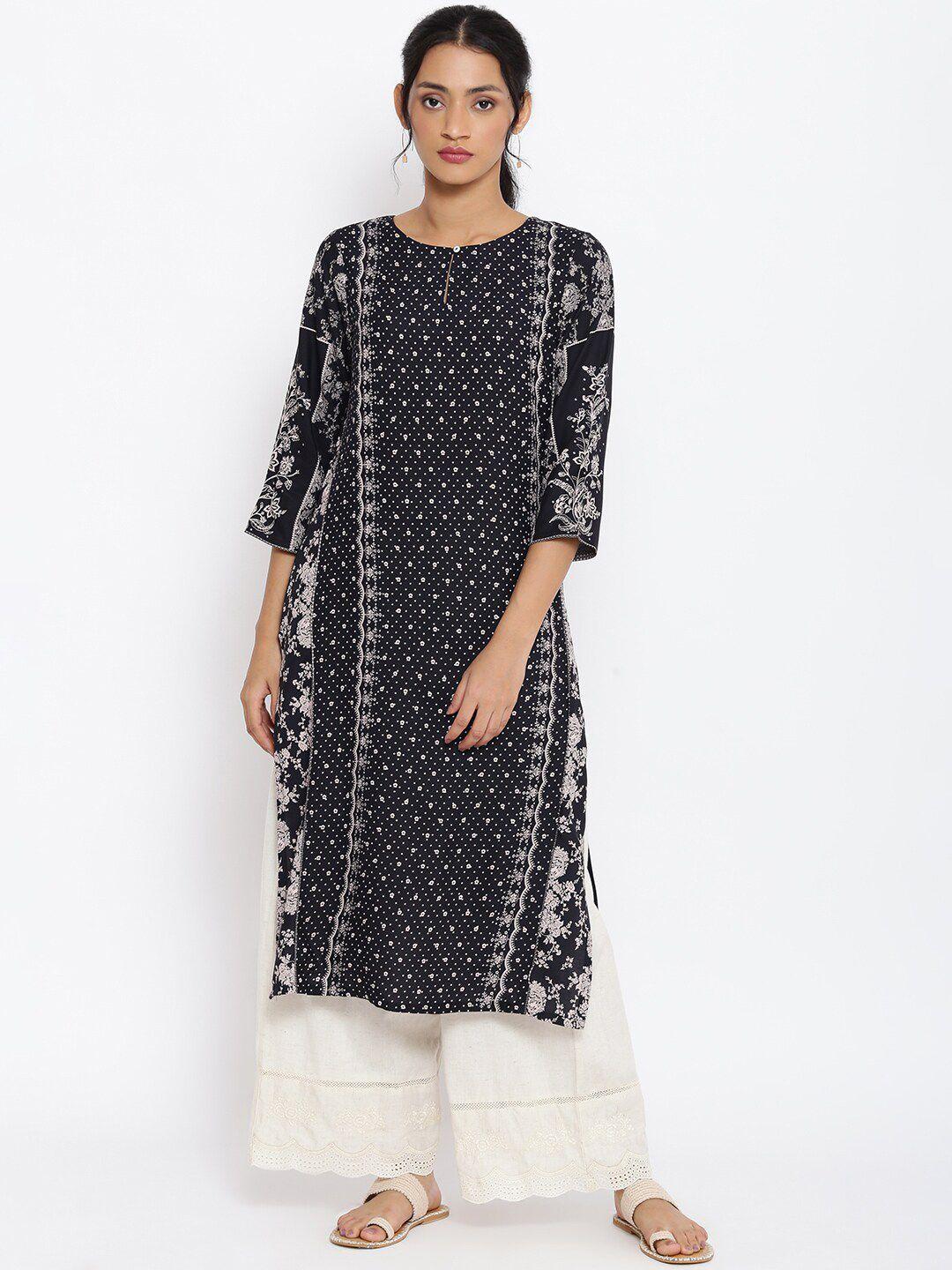 w women black ethnic motifs printed keyhole neck kurta