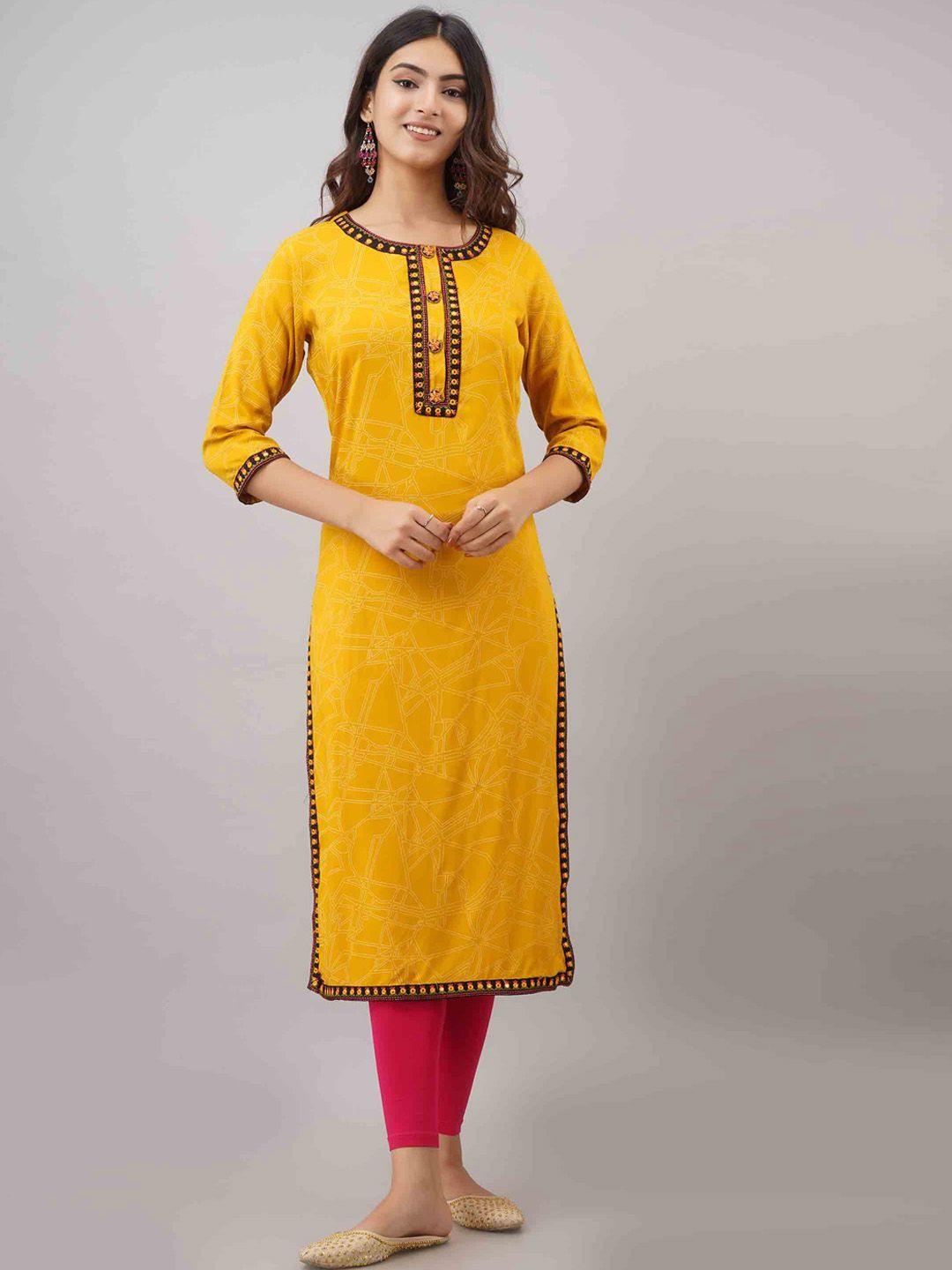 kalini women yellow geometric printed mirror work kurta