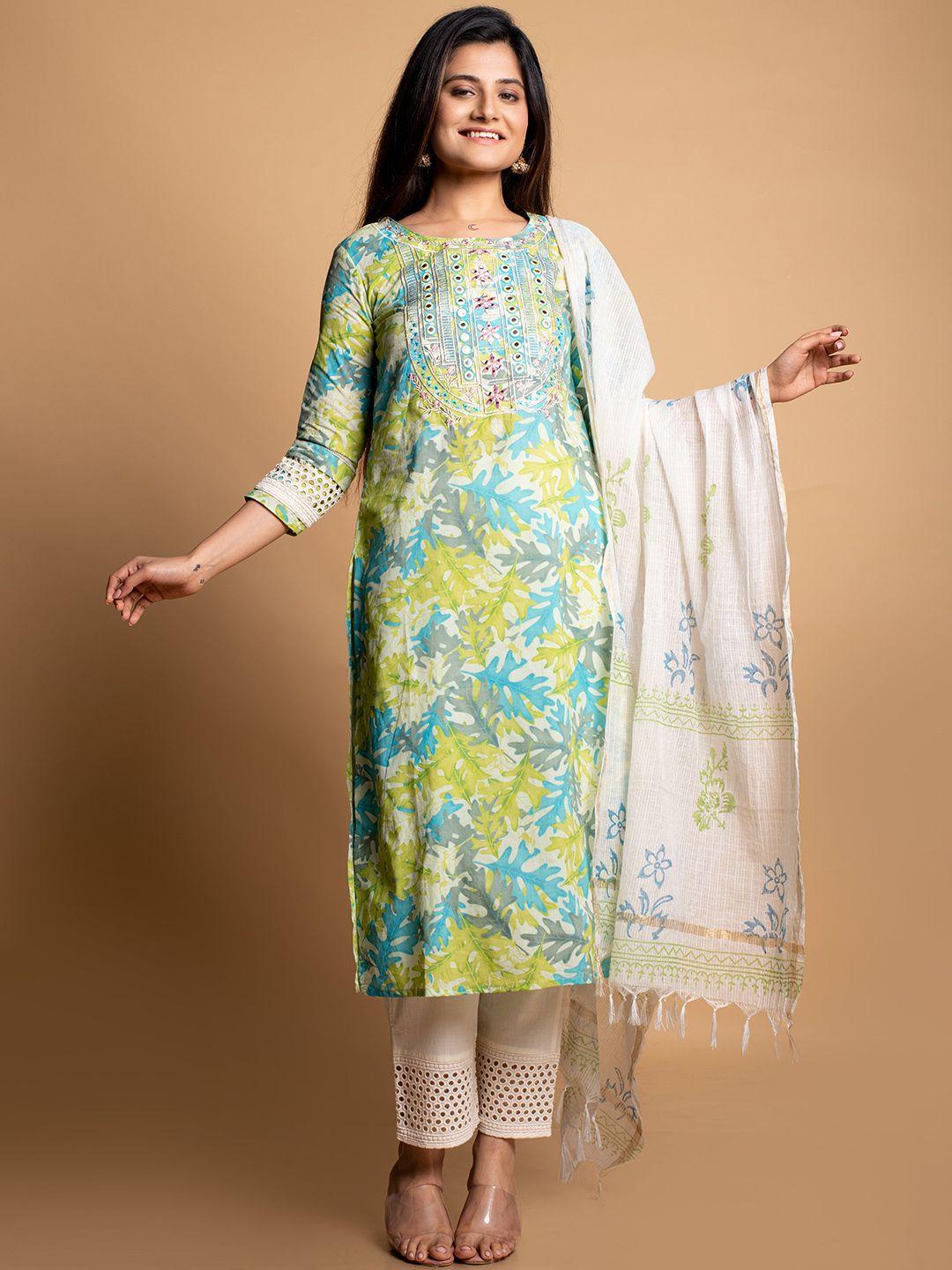 autumn lane women green floral printed mirror work pure cotton kurta with trousers & with dupatta