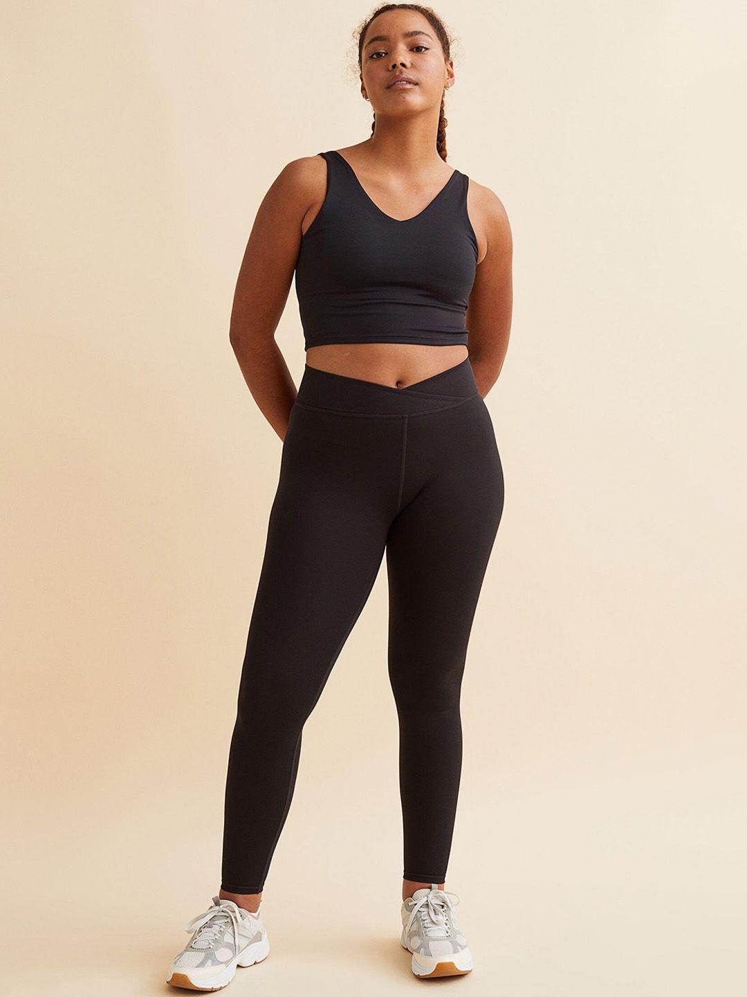 h&m women black wrapover-waist sports tights